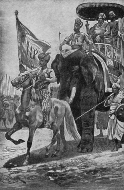 Surajah-Dowlah, montato su un elefante, si prepara a incontrare Robert Clive a Plassey da Richard Caton II Woodville